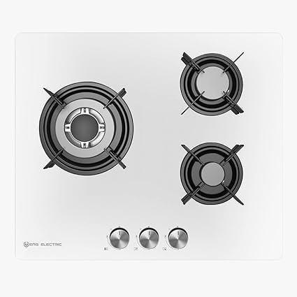 Plaque à Gaz EAS ELECTRIC Verre 3 Foyers 60cm Triple Anneau Fonte Blanche EMH363CGBW