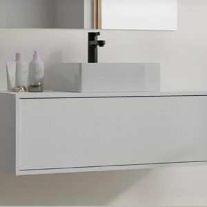 Meuble Susp 1T KAMUY + Plan en Bois pour Vasque 80x45x30cm Blanc Mat MSKB80