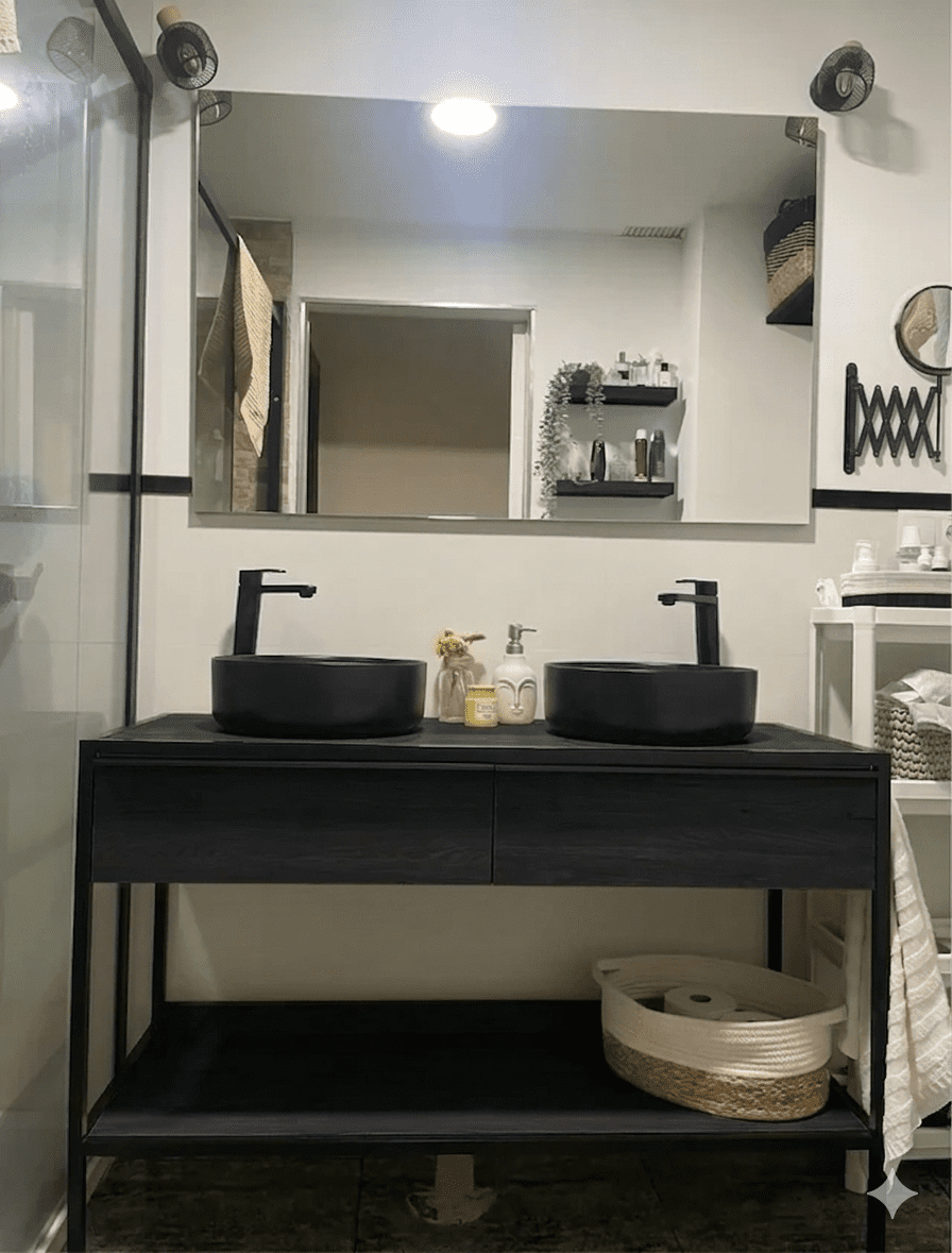 Meuble sur Pieds 2T STRUCTURE Pour 2 Vasques 120x45cm Profilé Noir Bois Cendre 9371