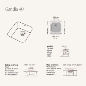 GANDIA 40 Évier en Résine 1 bac 44×44,5x20cm Blanc Mat BL163LMC