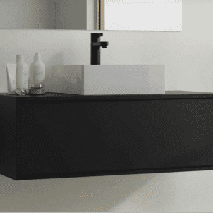 Meuble Susp 1T KAMUY + Plan en Bois pour Vasque 80x45x30cm Noir Mat MSKN80