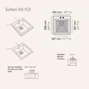KOBUS 48 Bas Évier en Résine 1Bac 46,5x52x20cm Noir Granite BS821C