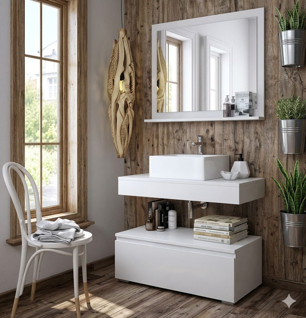 Set Meuble Susp 1T+ Plan en Bois pour Vasque+ Miroir Étagère 90cm Blanc Boisé