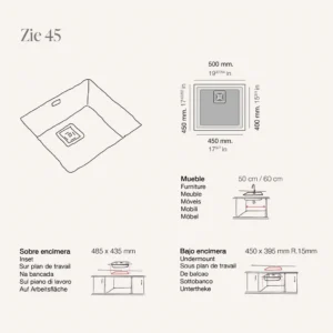ZIE 45 Évier en Résine 1 Bac 50x45cm Beige Mat PU181C